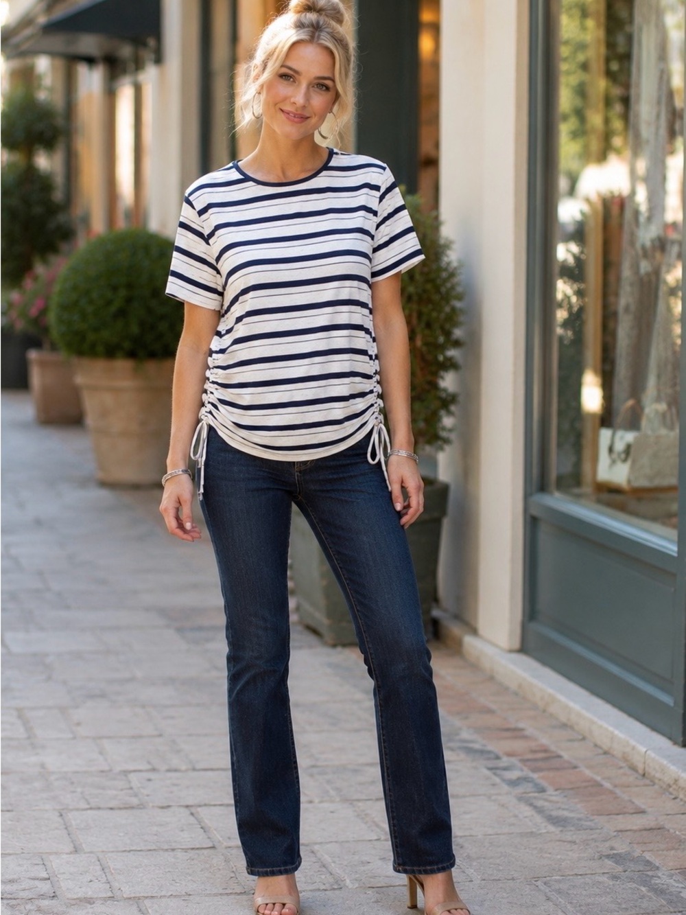 Love Scarlett Navy White Striped Ruched Side Tie Top Medium